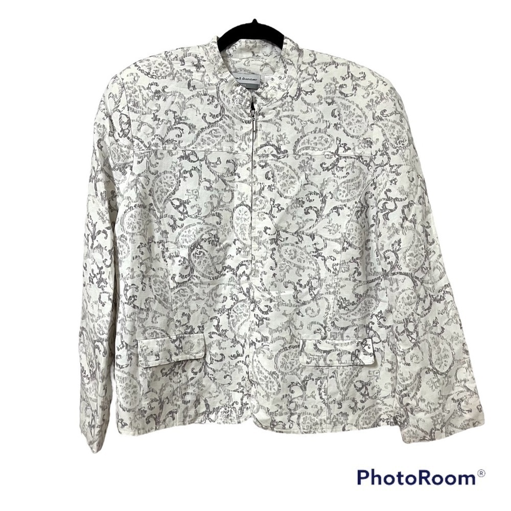 ALFRED DUNNER White Grey Paisley Zip Up Jacket Slight Shoulder Pads Size 16P